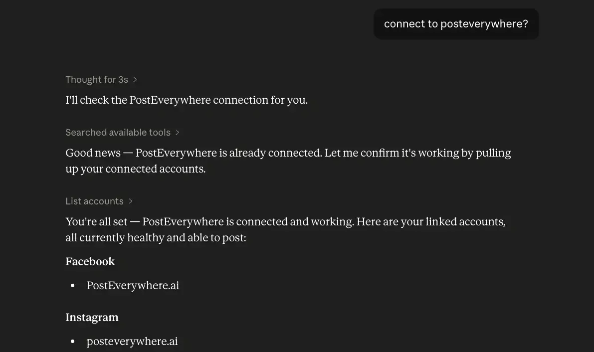 PostEverywhere AI agent chat interface writing and scheduling posts across platforms