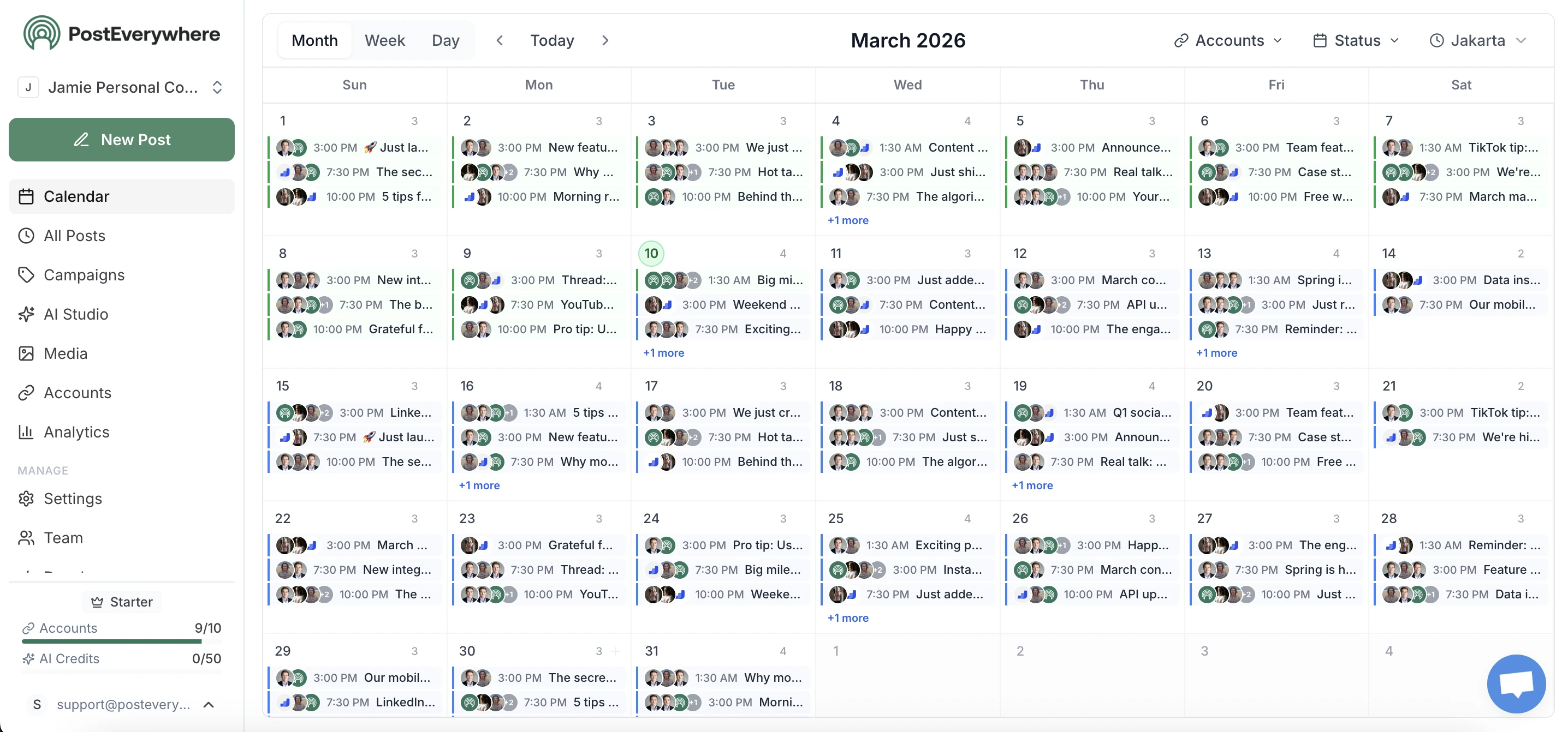 PostEverywhere shared calendar showing human and AI-scheduled posts side by side